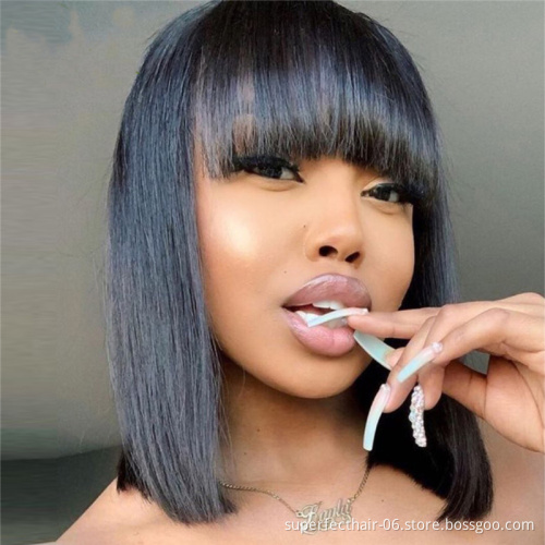 Short Straight Bob Wigs With Bangs For Black Women cuticle aligned virgin hair Natural Black Color human hair wig with bangs